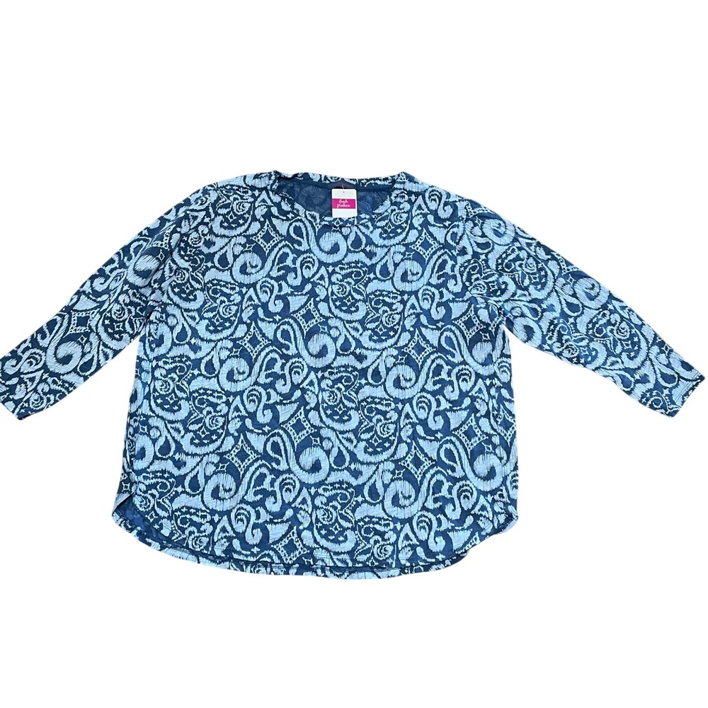 Fresh Produce Women's 1X Wander Catalina Top Deep Dive Blue Ikat Slub Cotton NWT